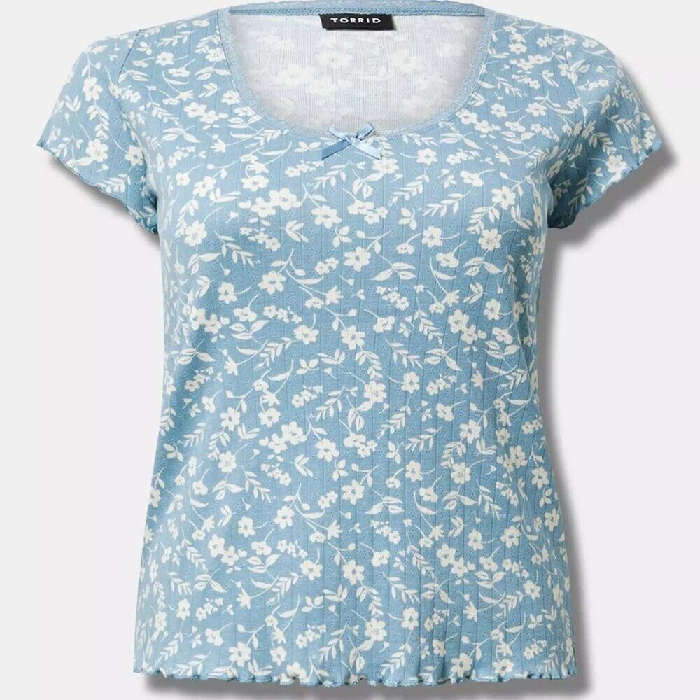 Torrid Top 4X Blue Floral Pointelle Lace Trim Scoop Neck Plus Size Tee T-Shirt